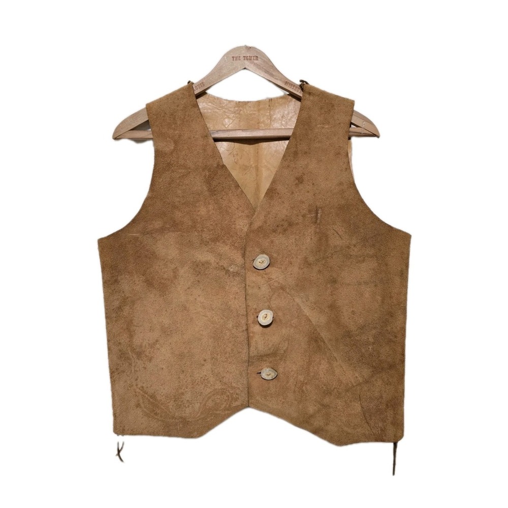 Mens Vintage Handmade Leather Vest Rustic Wood Buttons Distressed